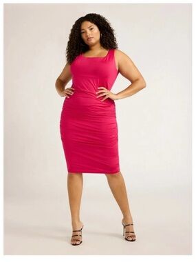 Sleeveless Ruched Midi Dress in Hot Pink Sofia Vergara
